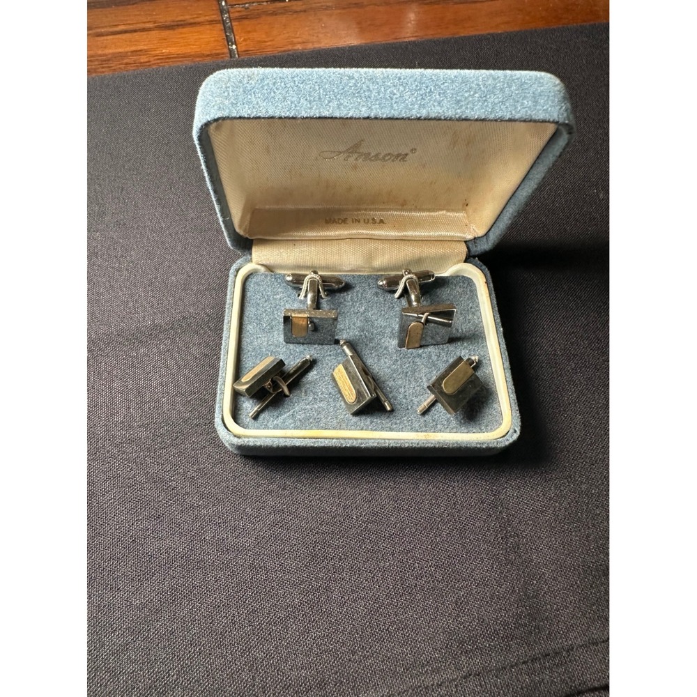 Vintage Anson Cufflinks and Studs Set Two Tone Silver Gold Mid Century USA Boxed